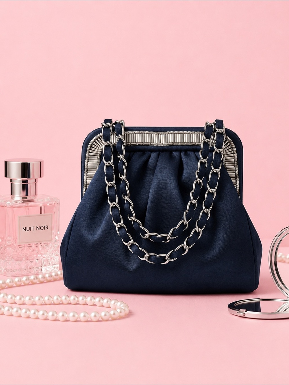 BIJOUX TERNER Elegant Blue Ruched Frame chain Formal Evening handbag Clutch